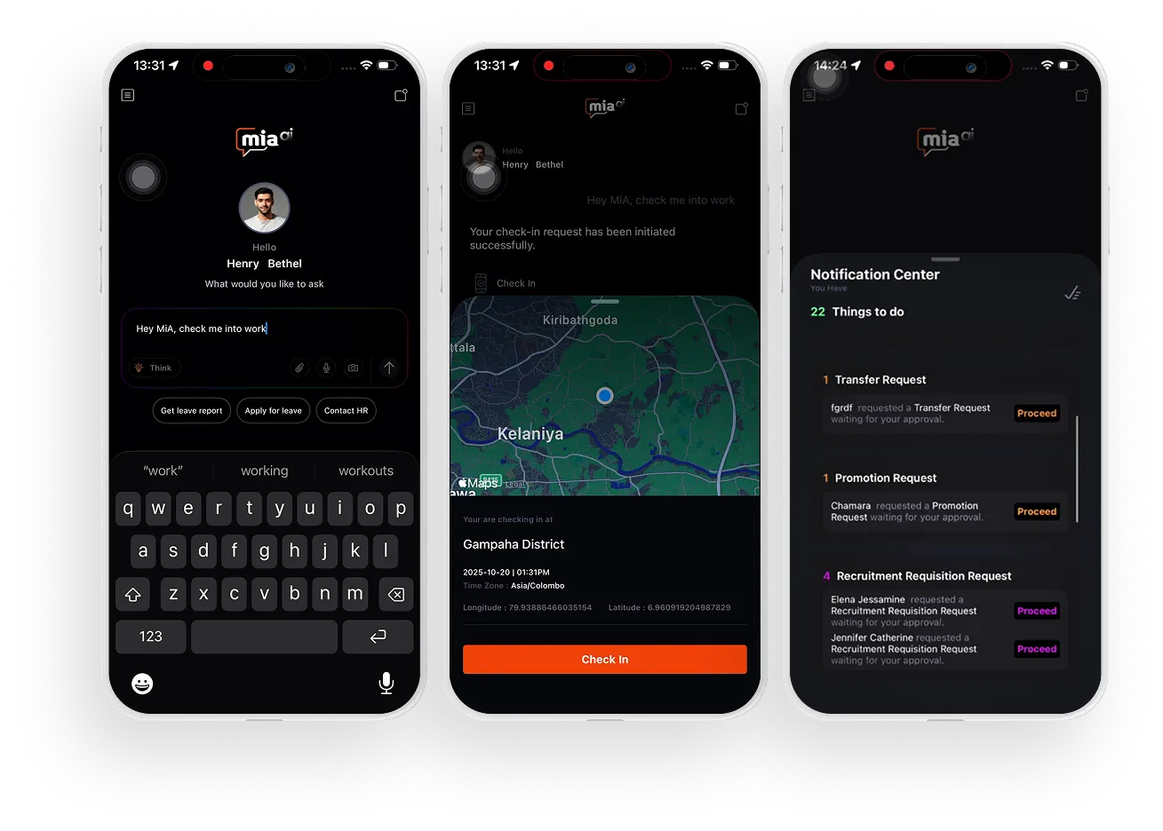 Two mobile screens highlighting MiA employee and manager experience