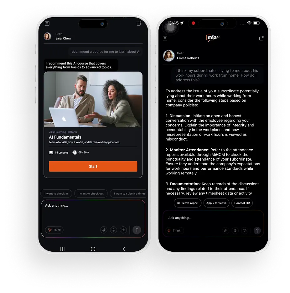 Two mobile screens highlighting MiA governance and policy updates