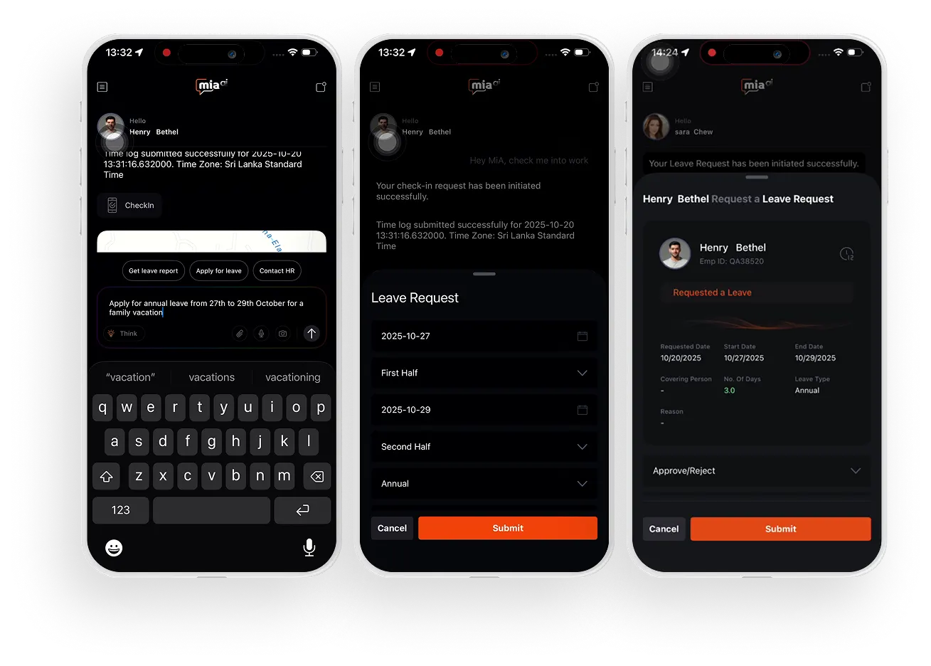 Two mobile screens showing MiA speed and accuracy workflows