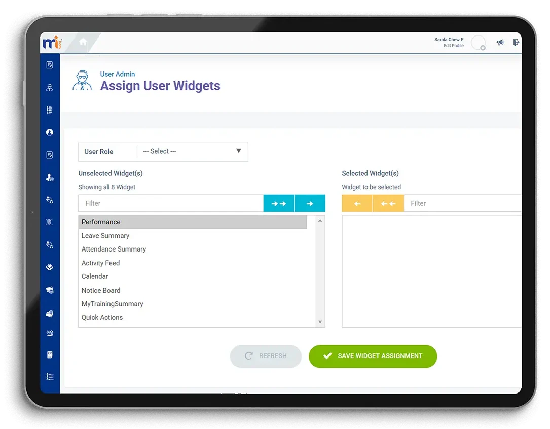 Assign user widgets screen