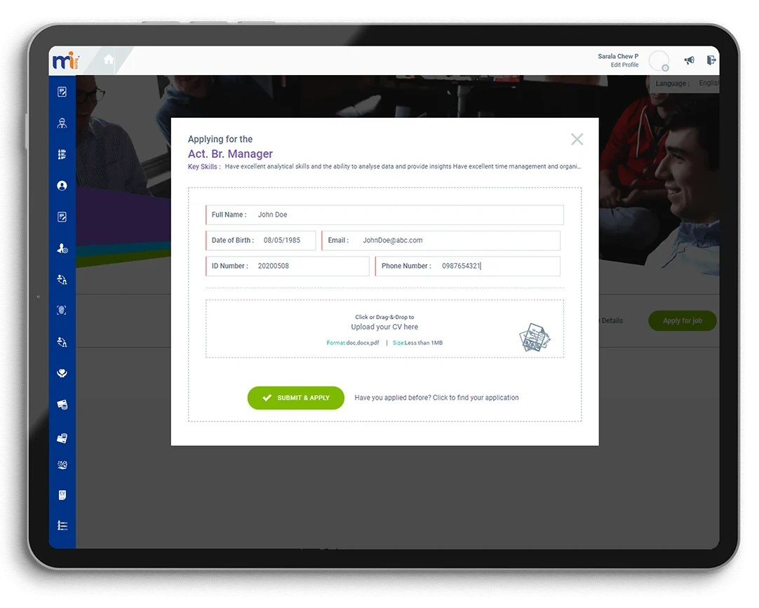 Job application form interface